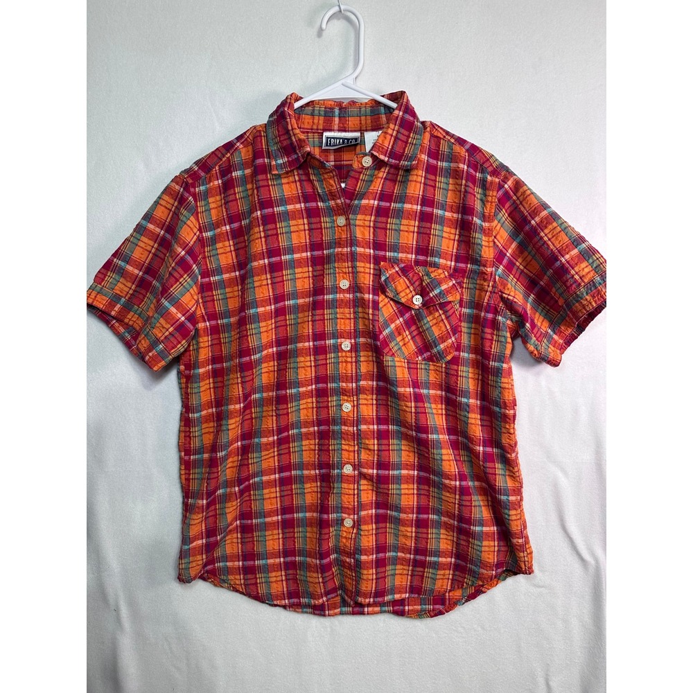ERIKA & CO Plaid Short Sleeve Button Up Shirt Women Medium Orange‎ Red Green